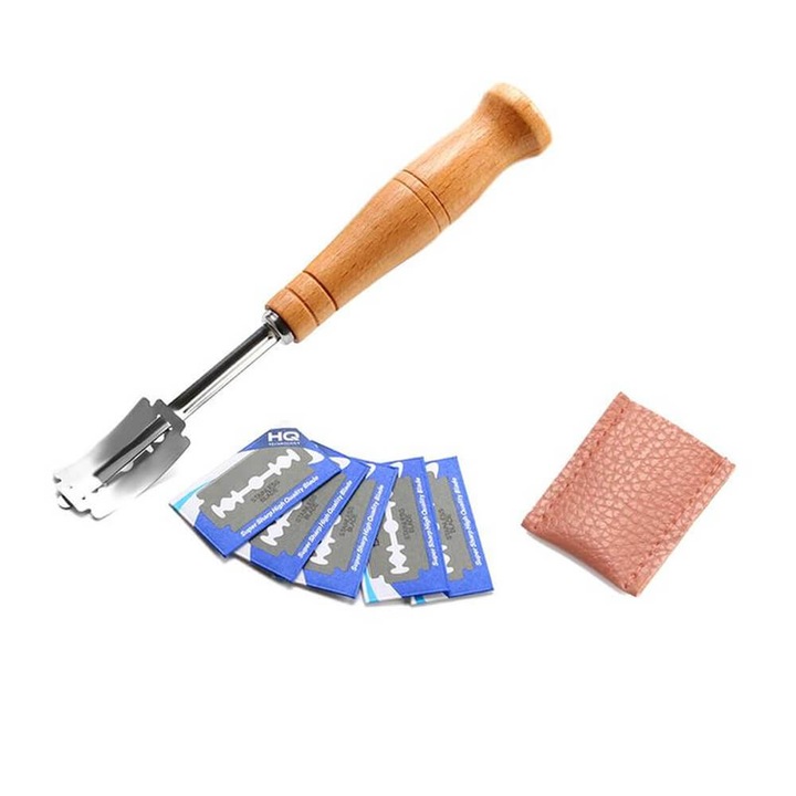 Kenyér- és péksütemény-formázó kés Edman, 18cm, fanyéllel, 5 cserélhető pengével, bőrtokkal, Barna