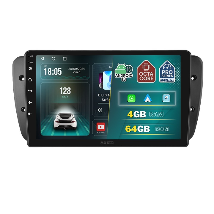 Navigatie Seat Ibiza 2008-2017 dedicata, MaxTech® PRO SERIES, 4 GB Ram 64 GB Rom OctaCore, Carplay & Android auto, Ecran 9 ” HD Touch, GPS, Wifi, Bluetooth, Radio, USB, EQ, DSP, Waze