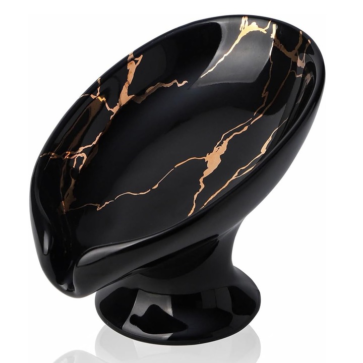 Savoniera cu drenaj, SINBINTA, ceramica, aspect marmorat, negru, 12x8.3x9cm