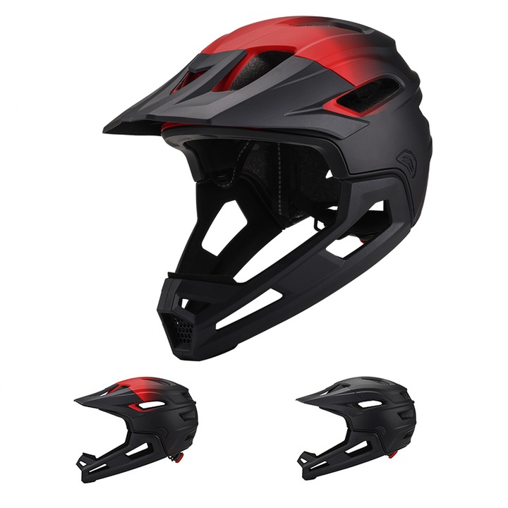 Интегрална каска VPUINEFE за планински велосипед унисекс, сваляща се брадичка, вентилация, Червено/черно, 57-62см