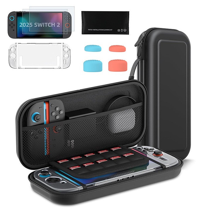 Комплект аксесоари за Nintendo Switch 2, с калъф за носене на конзолата NS2, защитен калъф, 2 протектора за екрана, 4 капачки за палци за Joy-Con контролерите, KINGTRONG®