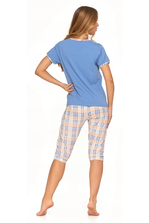 Pijamale dama Moraj, set 2 piese, maneca scurta, pantaloni 3/4, albastru-crem, bumbac, L INTL