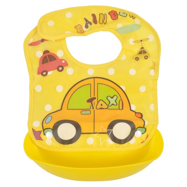 Levehető zsebes előke, szilikonból, könnyen tisztítható, hozzátápláláshoz, állítható, kisautós, BPA mentes, sárga, 6 hónapos + kortól