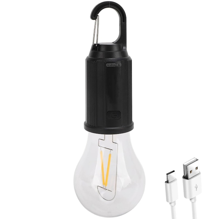 Bec led 3W cu acumulator T01, 3 moduri iluminare, lumina calda, agatatoare tip carabina, incarcare prin USB Tip C, negru