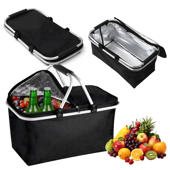 Термо кошница за пикник Real Garden, Сгъваема, Размери 46x28x24 см, Вместимост 20 л, Черен