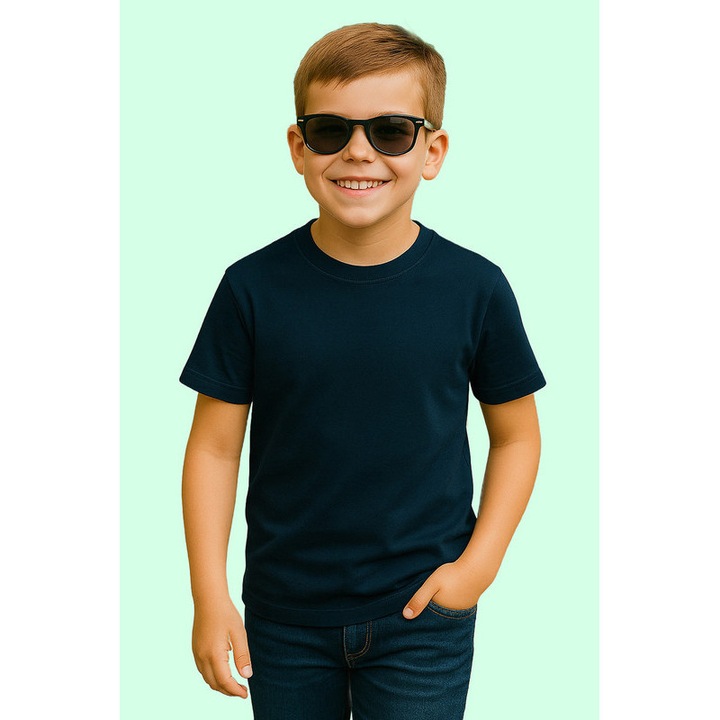 Tricou de Baiat Copii Bumbac Simplu Casual Elegant Vara V2, Albastru marin