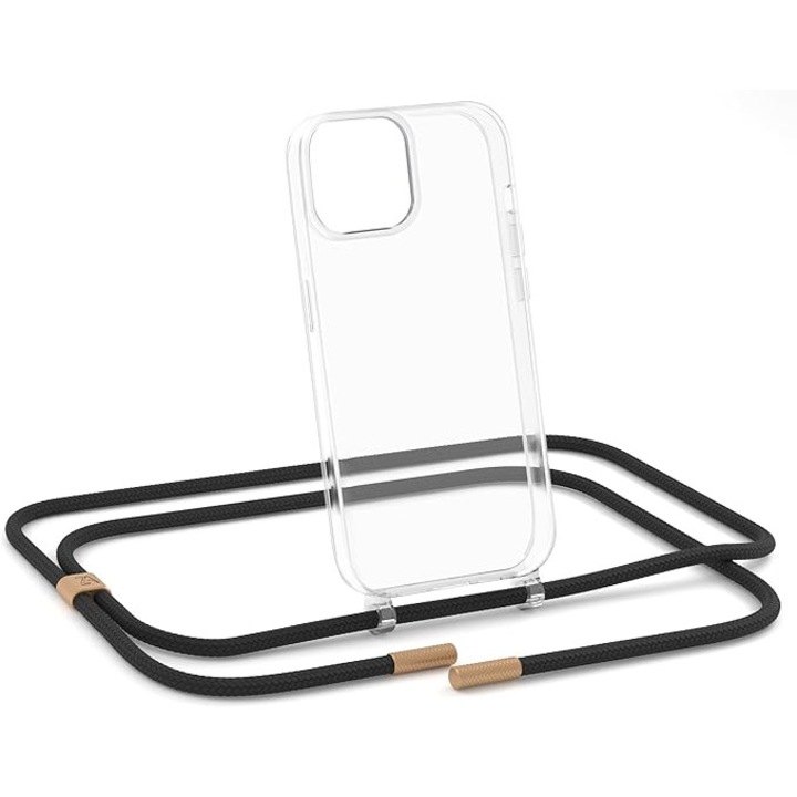 Állítható zsinóros tok iPhone 13 Pro-hoz, átlátszó TPU + textilzsinór, fekete/arany