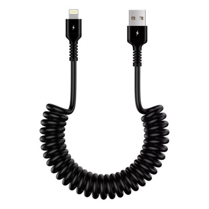 Cablu de incarcare auto Alogy spiralat pentru iPhone 3A 150cm USB, tip A-Lightning Negru