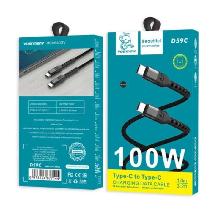 Cabluri de date USB-C Denmen D59C-B 100W 1m, negru, rezistent la indoire