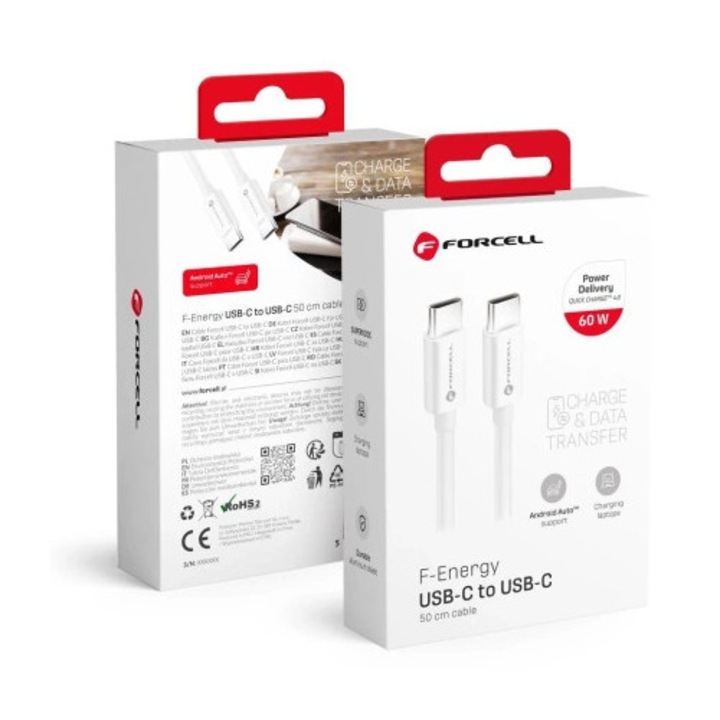 USB-C (Type-C) adatkábel, töltőkábel, QC4.0, PD gyorstöltő, fehér, 60W 50cm, Forcell C338