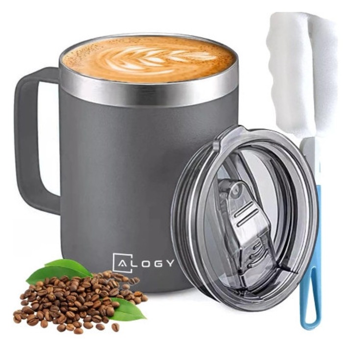 Cana termica Alogy, 420ml, inox, gri, capac, cu perie de curatare