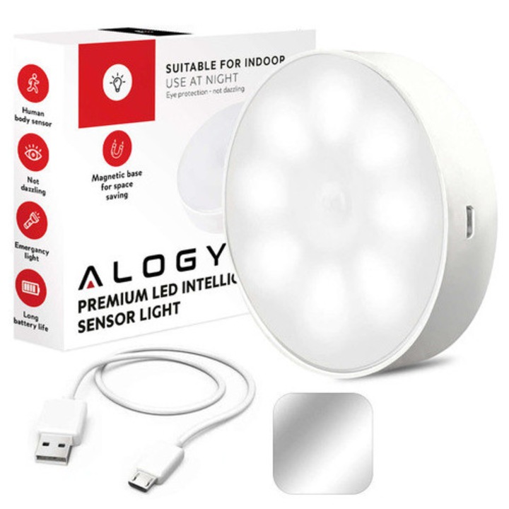 Lampa LED inteligenta cu senzor de miscare, Alogy, 8 LED-uri, 6000K, diametru 8cm, alimentare prin microUSB, set complet