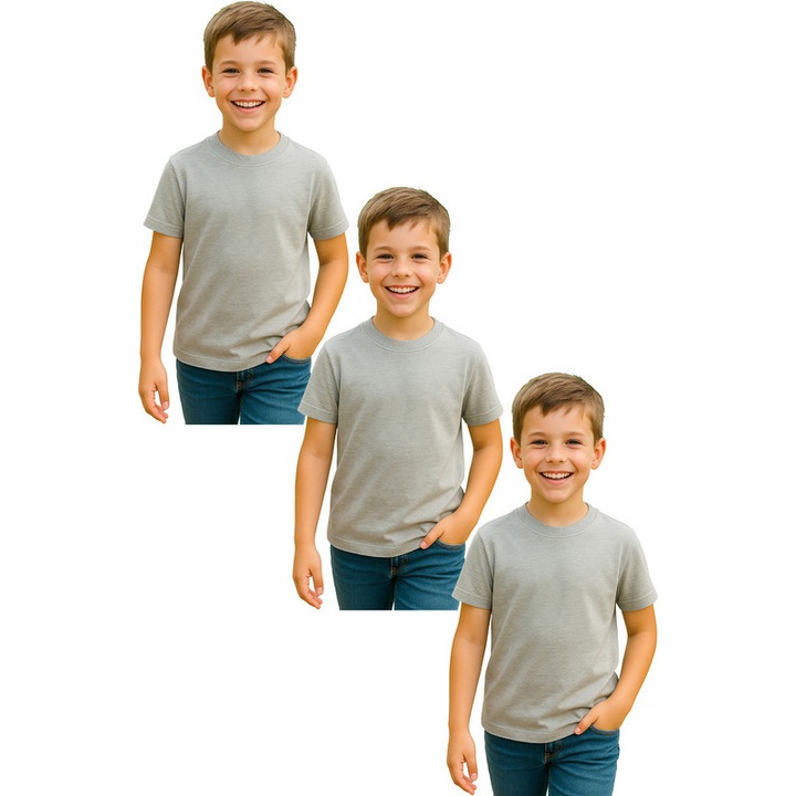 Set 3 tricouri Baiat Copii Bumbac Simplu Casual Elegant Vara, Gri deschis