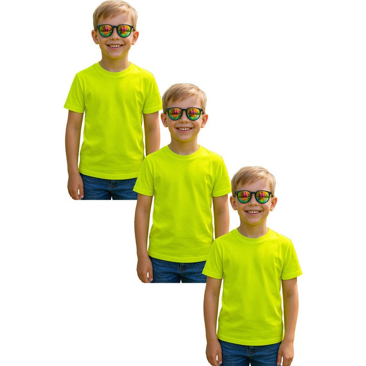 Set 3 tricouri de Baiat Copii Bumbac Simplu Casual Elegant Vara V2, Galben lime