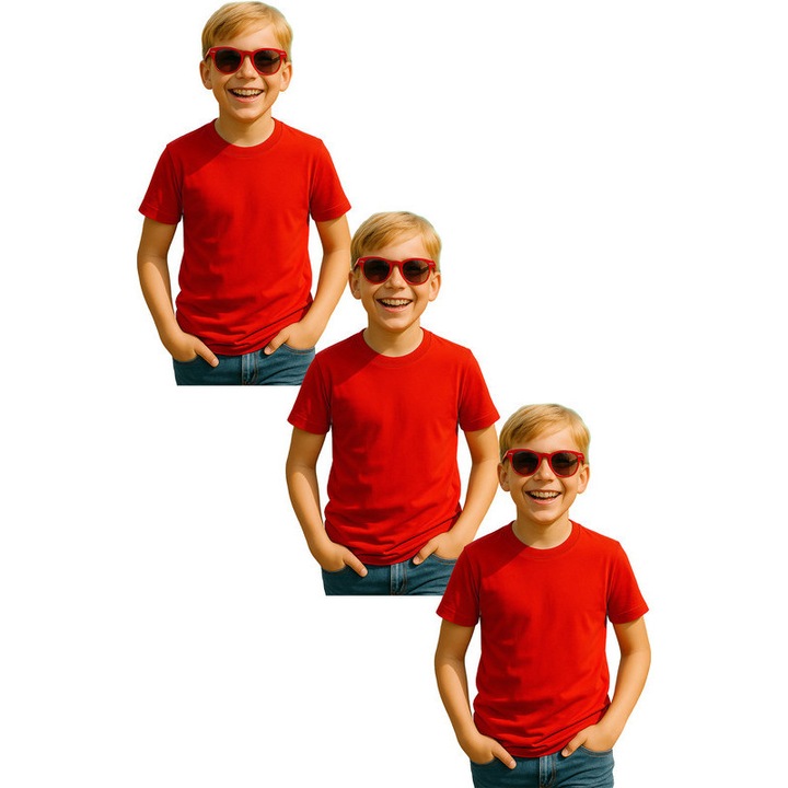 Set 3 tricouri de Baiat Copii Bumbac Simplu Casual Elegant Vara V2, Rosu