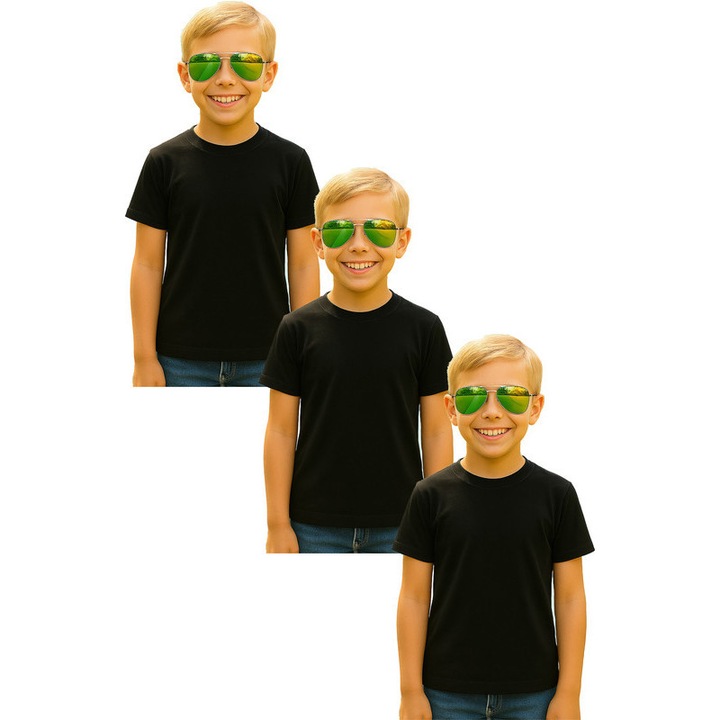 Set 3 tricouri de Baiat Copii Bumbac Simplu Casual Elegant Vara V2, Negru