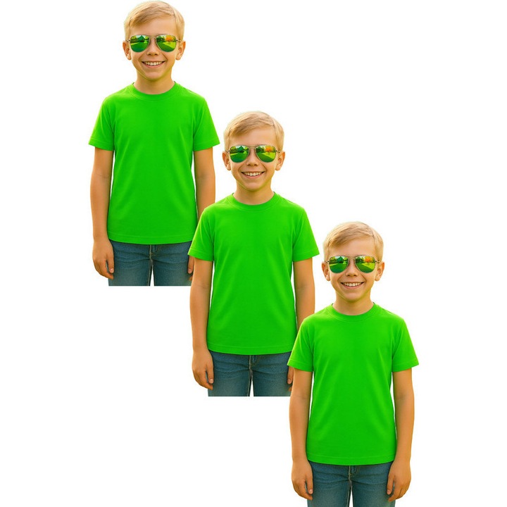 Set 3 tricouri de Baiat Copii Bumbac Simplu Casual Elegant Vara V2, Verde mar