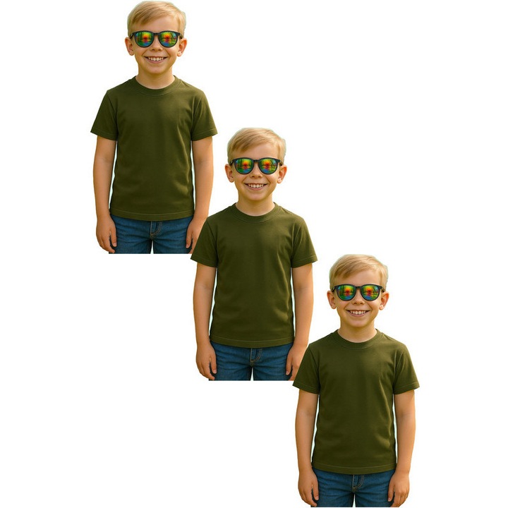Set 3 tricouri de Baiat Copii Bumbac Simplu Casual Elegant Vara V2, Verde militar melange