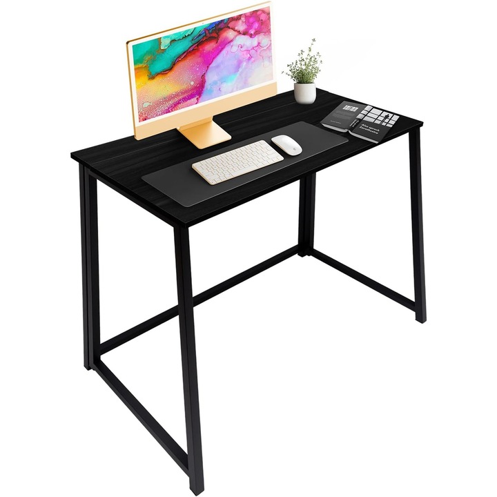 Birou pliabil din lemn si metal, stil industrial, compact, negru, 80 x 75 x 40 cm