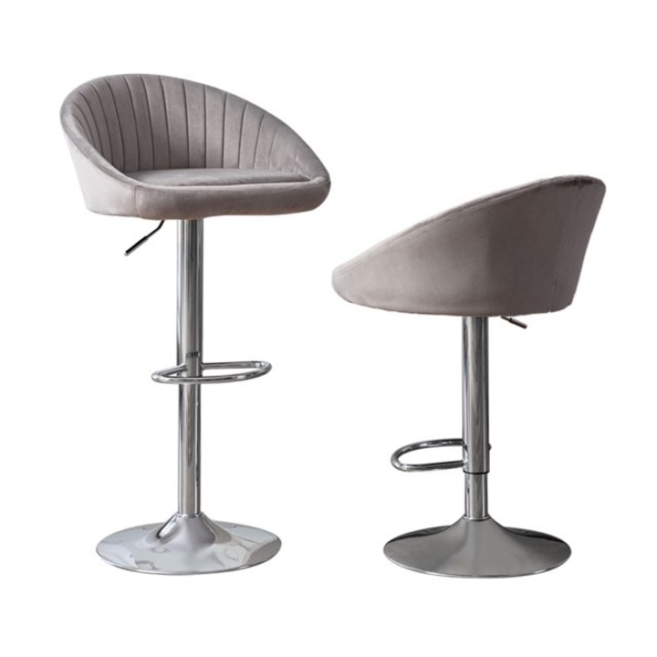 Scaun de bar STILLO, Just Sit, velur gri, 70-90cm, rotativ 360 grade, suport pentru picioare cromat