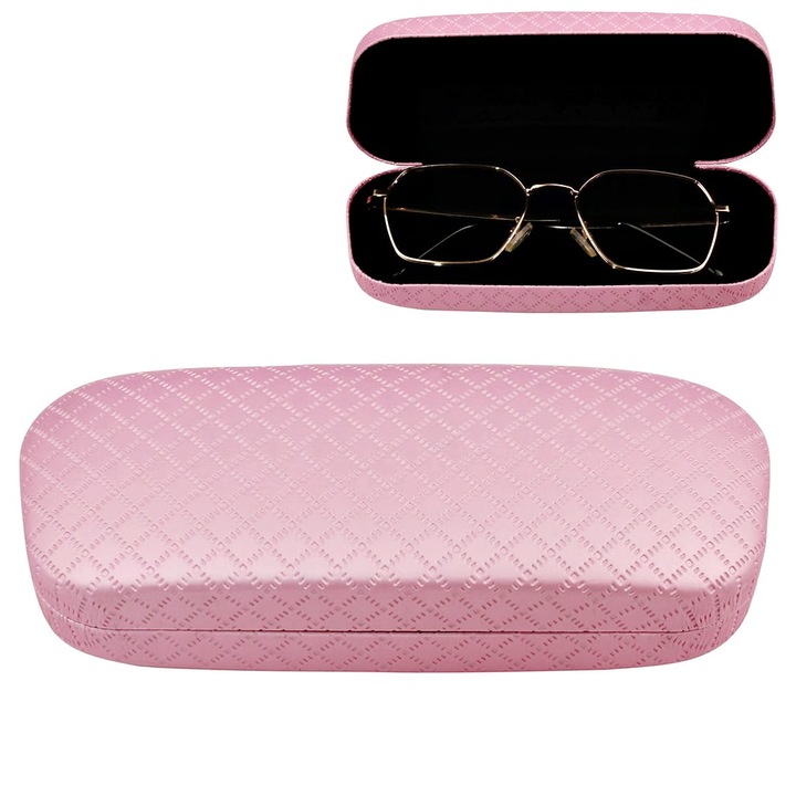 Husa Ochelari Stylion Roz, Carcasa Rigida Eleganta cu Inchidere Click, Protectie Universala pentru Ochelari de Vedere si de Soare, Interior Moale, Dimensiuni 16x3.3x6.2cm
