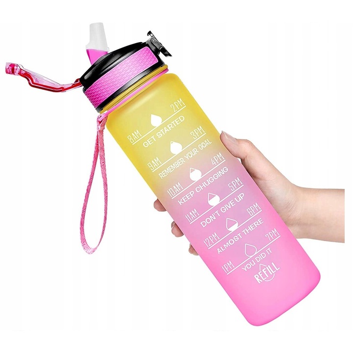 Sportpalack, márkajelzés nélküli, 1 l, többszínű, szívószállal, motivációs mérőskálával, vízhez és hideg italokhoz, zárható, hordozófogantyúval, puha szívószállal, időjelölésekkel, Tritan anyagból készült, könnyű, szagtalan, nem mérgező, ideális