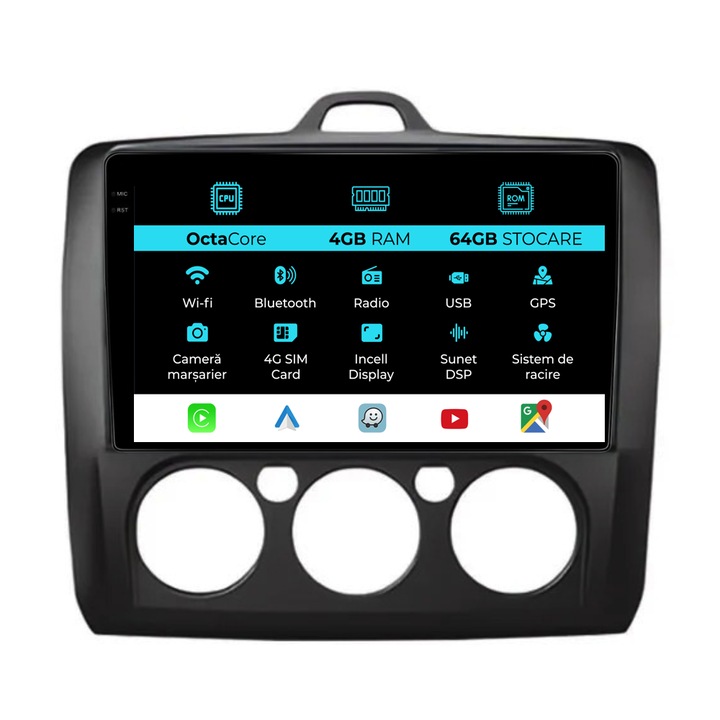 Dedikált navigációval ellátott Ford Focus (2004-2012), 9 hüvelykes, 4 GB RAM, 64 GB tárhely, Carplay, manuális klíma