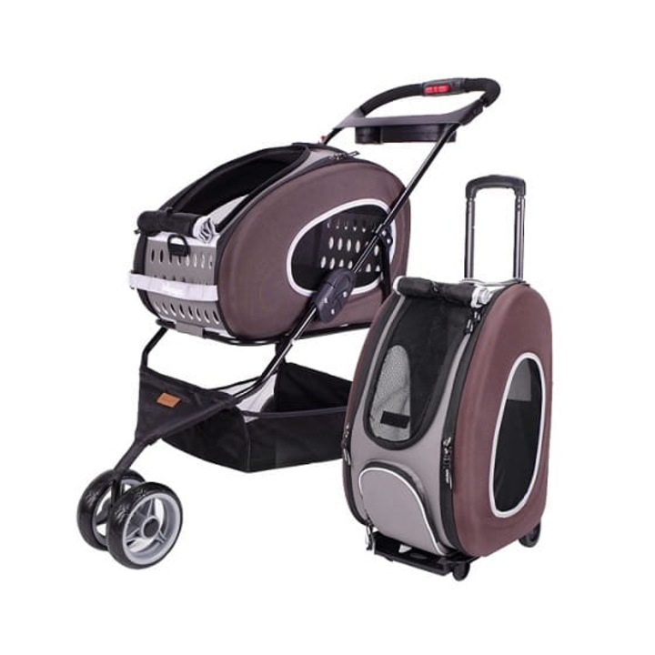 Carucior 5in1 Ibiyaya pentru caini/pisici, maro, 8kg max., pliabil, cu maner extensibil