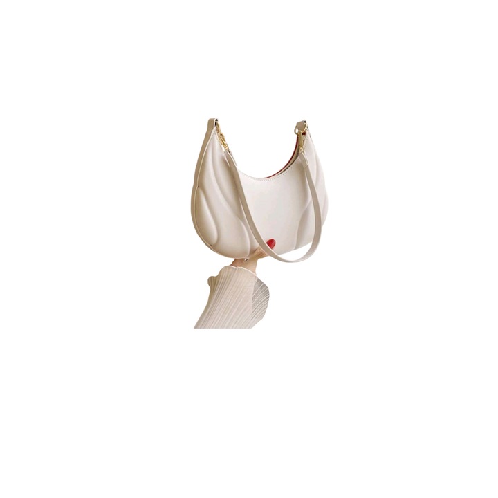 Női kézitáska, elefántcsont, félhold alakú, akril lánccal