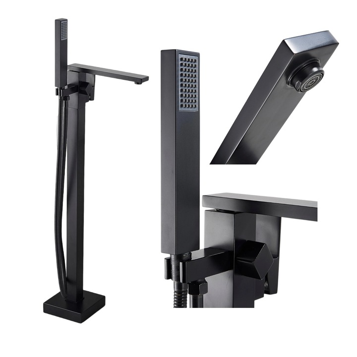 BisDesign® Kádcsaptelep, Padlóra Szerelt, Szabadon Álló Típus, Négyzetes Keret, Matt Fekete Felület, Dinamikus Kifolyó, 84 cm Méret