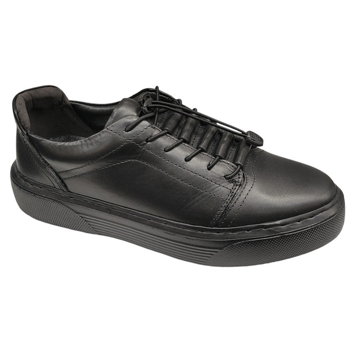 Pantofi Sport Barbatesti Negri Din Piele Naturala Cu Siret Elastic, Talpa Cusuta Din Cauciuc, Exterior Si Interior Piele, Produs Romanesc, SCV, Marimea 45