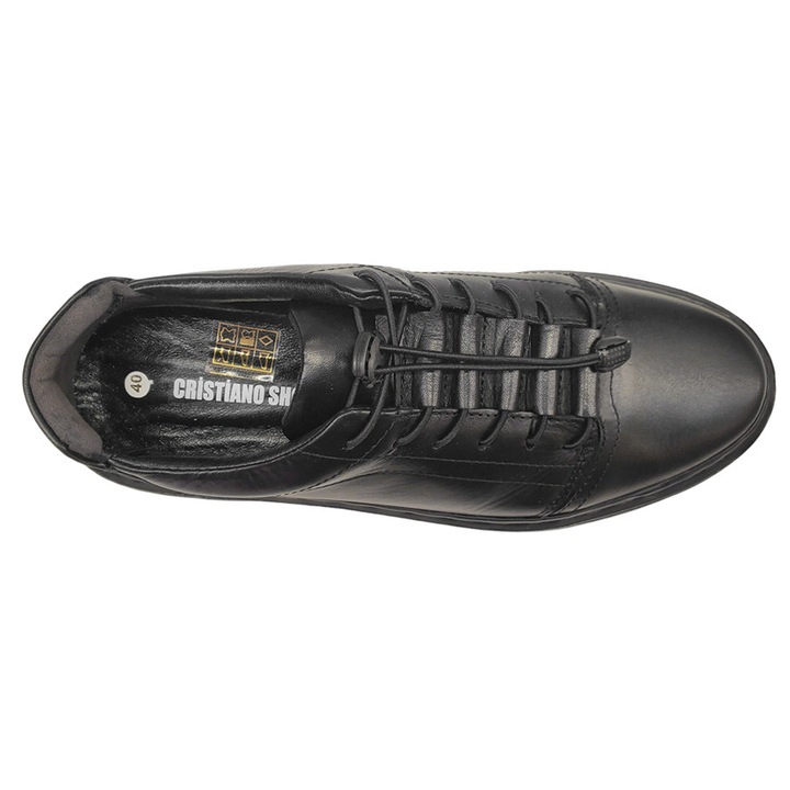 Pantofi Sport Barbatesti Negri Din Piele Naturala Cu Siret Elastic, Talpa Cusuta Din Cauciuc, Exterior Si Interior Piele, Produs Romanesc, SCV, Marimea 45