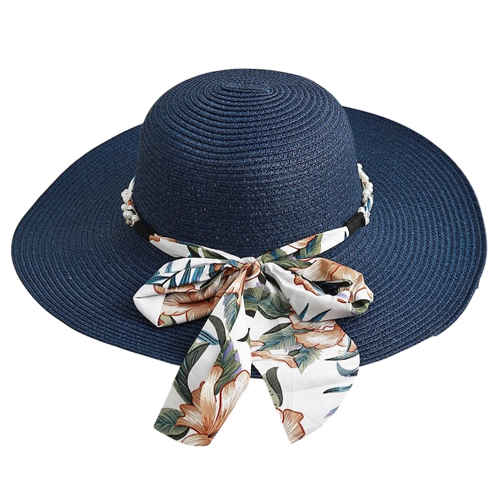 Palarie de Soare pentru Plaja, Eleganta si Racoroasa, cu Panglica si Protectie UV, 57 cm Circumferinta, Albastru, PriStyle®