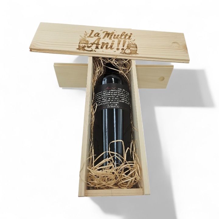 Pachet Cadou Vin Rosu Sec Liliac Private Selection Merlot 14%, Cutie de Lemn cu Capac Personalizat, 0.75L