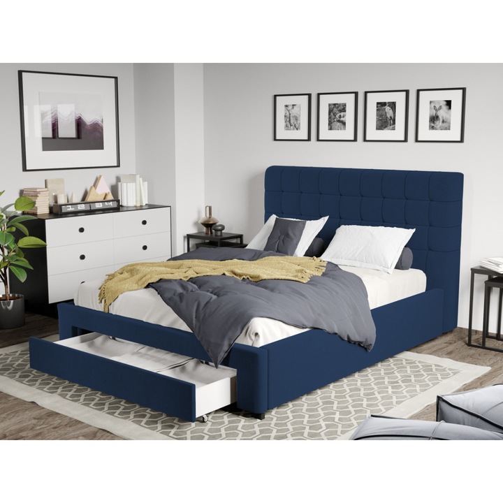 Pat Tapitat Rivo, Somiera fixa si Sertar, 160x200, Albastru inchis/Velluto 25