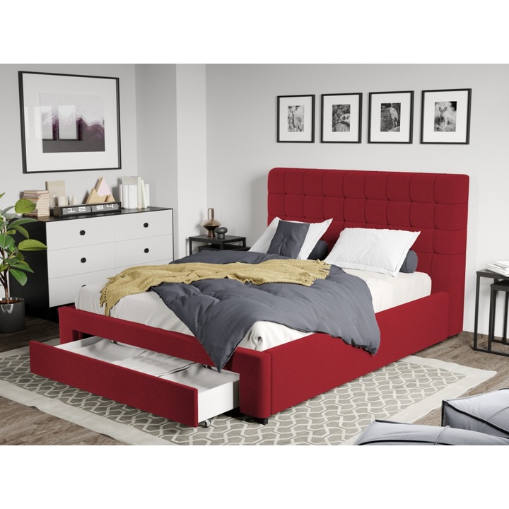 Pat Tapitat Rivo, Somiera fixa si Sertar, 160x200, Visiniu/Velluto 7