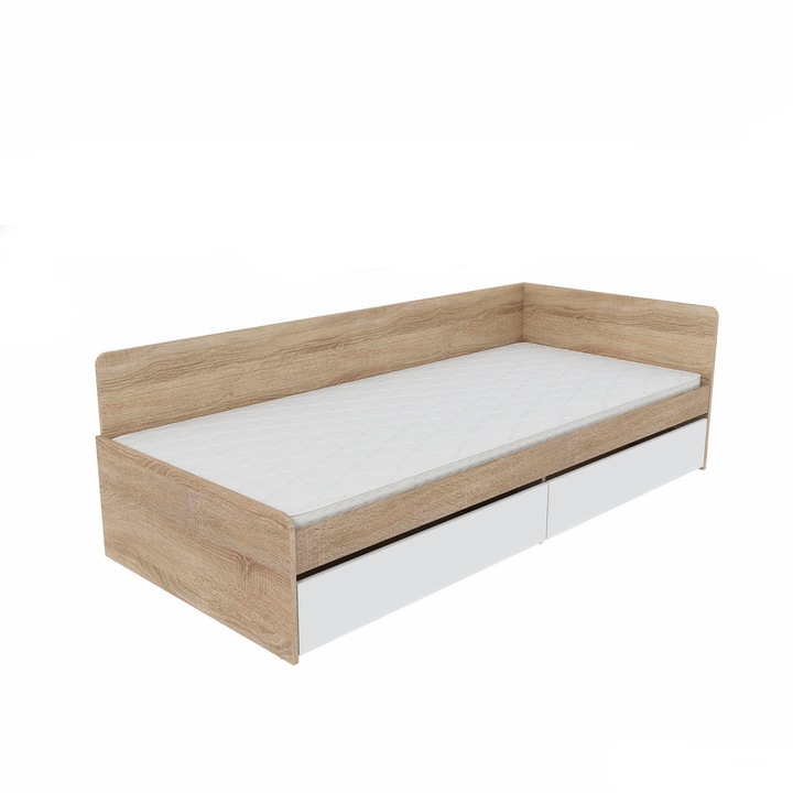 Легло с чекмеджета 800, размер на матрака 80 x 190 см, подматрачна рамка от ПДЧ, Еверест, Дъб сонома, Бяло