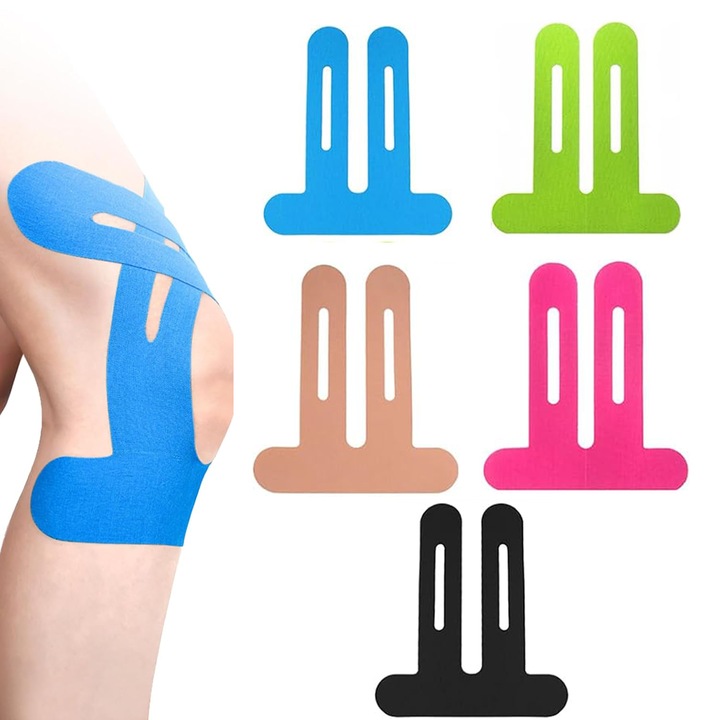 Banda kinesiologica pre-taiata pentru genunchi, set de 6 bucati, TREXORA, impermeabila si respirabila, suport pentru articulatii, 22x25cm, multicolor