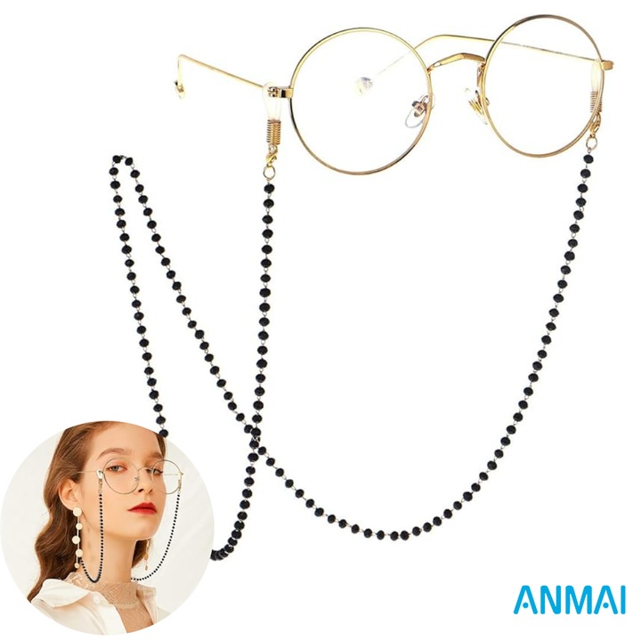 Lant pentru ochelari placat cu aur, margele de perla negre, turcoaz si ochi de tigru, accesoriu elegant pentru femei