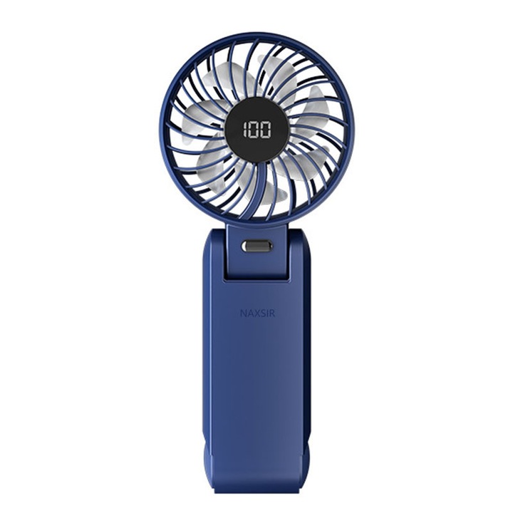 Преносим вентилатор, NAXSIR, 100 настройки за скорост на вятъра, сгъваем на 90°, дигитален дисплей, презареждаем през USB, за бюро / ръка / за врата, син