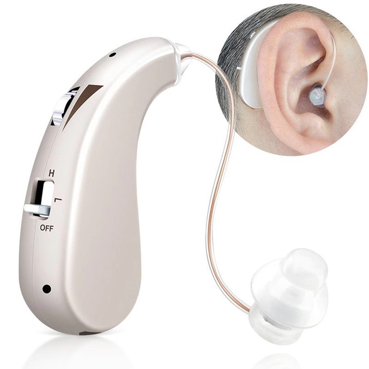 Aparat Auditiv, Autonomie 45h, 130 dB, Amplificator de Sunet pentru HIPOACUZIE medie-severa, Anulare Zgomot, Asistenta Auditiva pentru Urechi, Proteza Auditiva cu Cablu USB, Perie Curatare si 4x Dopuri incluse