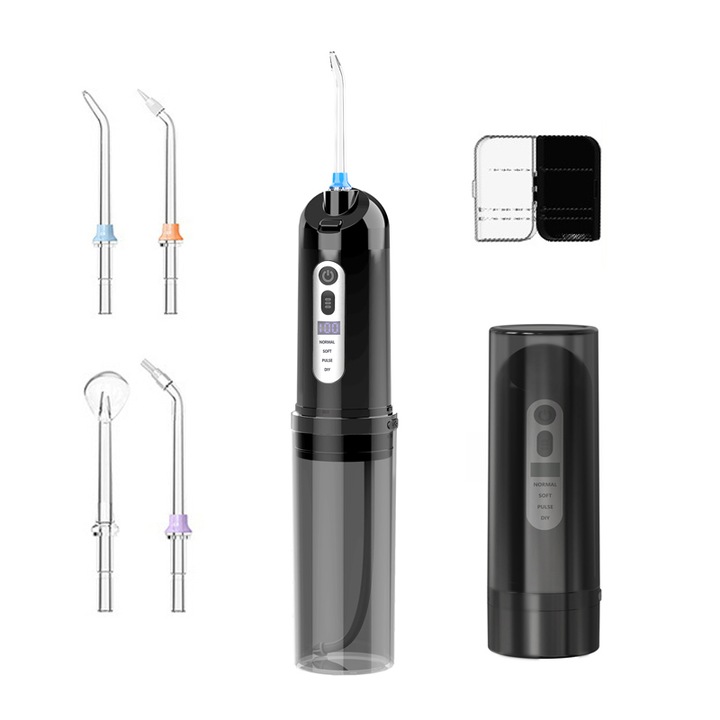 Irigator Bucal tip Dus Bucal Portabil, BOMSTOM, 4 moduri de curatare, 1200-1700 impulsuri / minut, cu 4 duze si cutie de depozitare, design cu capsula detasabila, IPX7 rezistent la apa, 250 ml, afisaj inteligent LED, negru