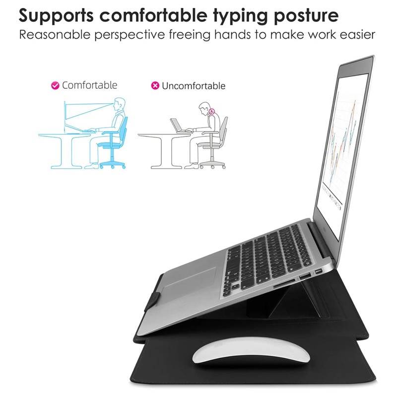 Husa Laptop 14-15.4 inch, BOMSTOM, 4 in 1 cu foldable stand, compatibila cu MacBook Air, MacBook Pro, Piele Ecologica, Marime Universala, 27.5 x 39 cm, Negru