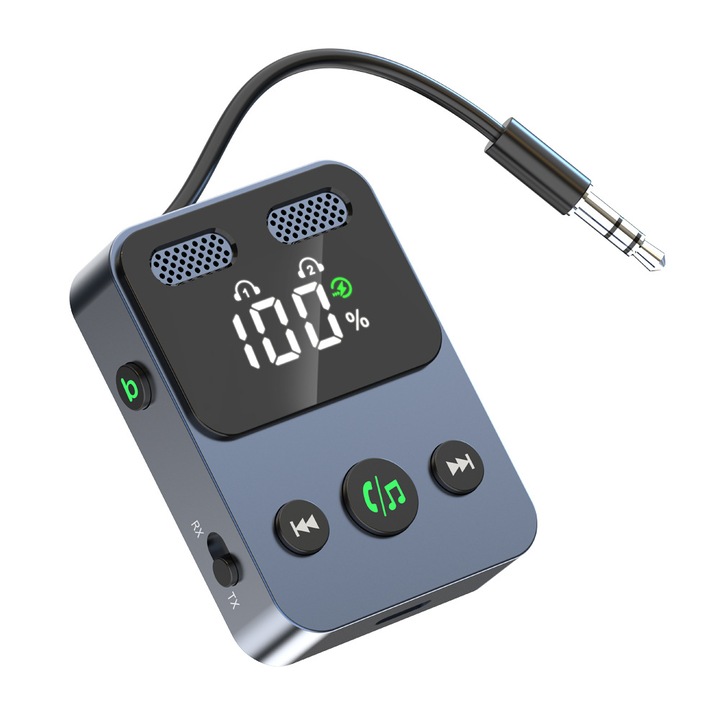 Bluetooth адаптер, аудио приемник 5.0 с функция за автомобилен предавател, универсален, жак, матово черен цвят