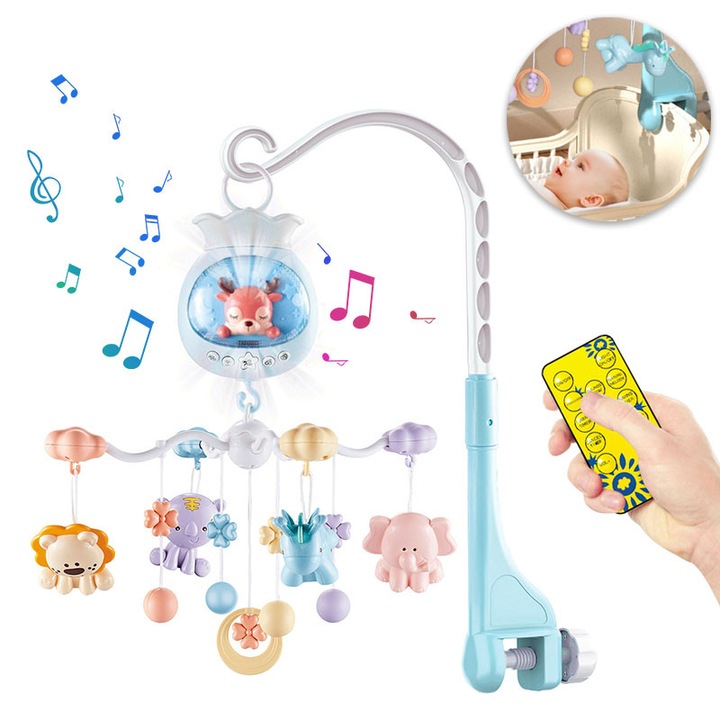 Carusel muzical pentru patut Bebelusi, control prin telecomanda, rotire 360°, muzica calmatoare, lampa noapte, cantece de leagan, programabil pe timp, volum reglabil, 5 jucarii animale detasabile, Albastru