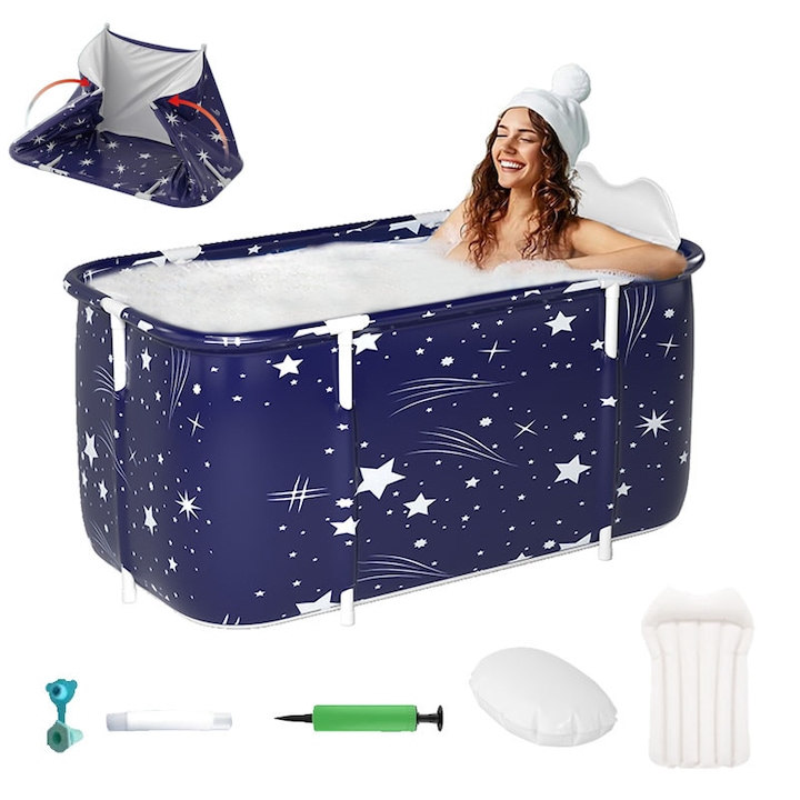 Сгъваема преносима вана, 140×55×50 см, дебелина от шест слоя, с отводняване, солидна структура, без неприятна миризма, подходяща за терапия със студена/затоплена вода, подходяща за деца и възрастни, Син