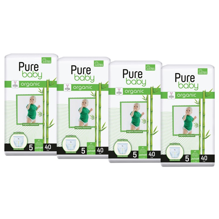 Set 4 pachete scutece chilotel Pure Baby bambus organic, nr. 5 (11-20kg), 40 buc