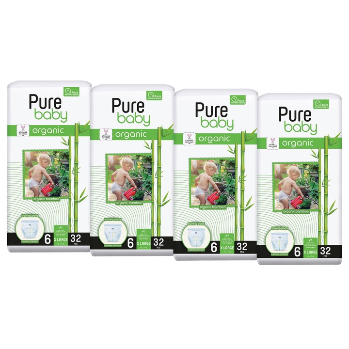 Set 4 pachete scutece chilotel Pure Baby bambus organic, nr. 6 (15-27kg), 32 buc
