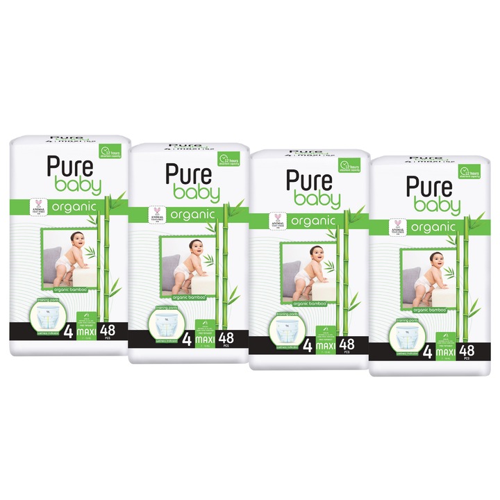 Set 4 pachete scutece chilotel Pure Baby bambus organic, nr. 4 (7-15kg), 48 buc