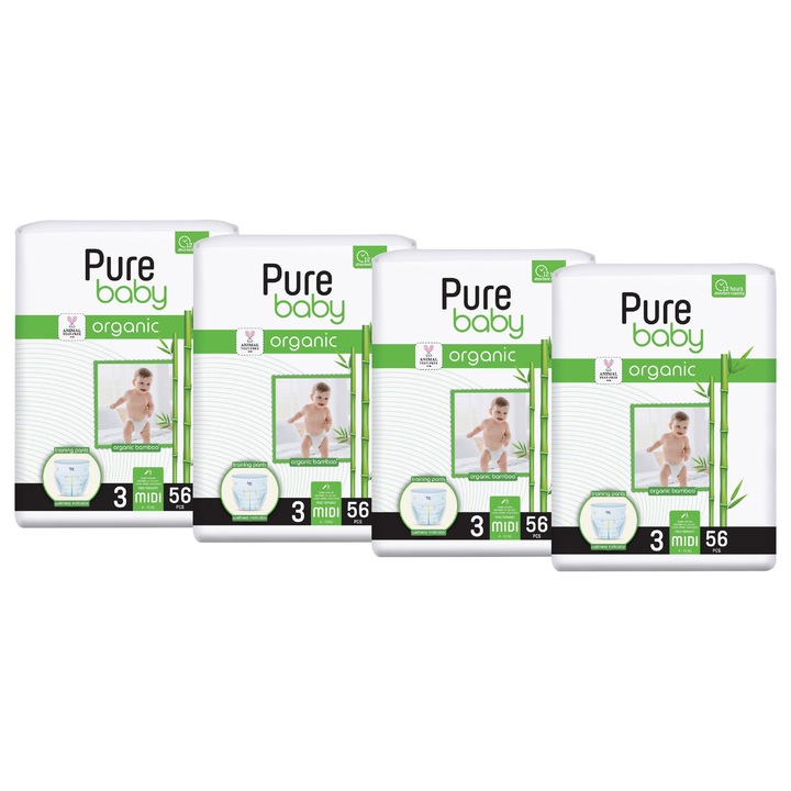 Set 4 pachete scutece chilotel Pure Baby bambus organic, nr. 3 (4-10kg), 56 buc